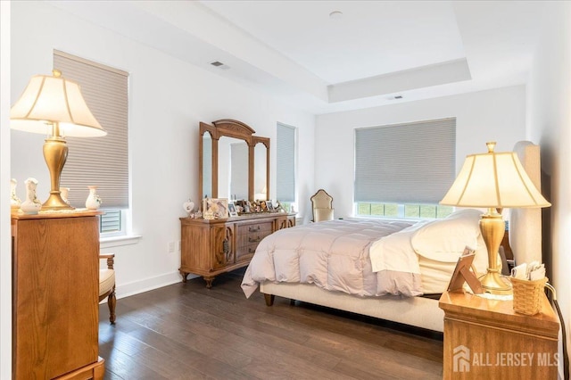 bedroom featuring dark hardwood / wood-style floors and a raised ceiling