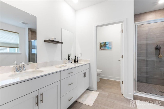 bathroom with vanity, toilet, and a shower with shower door