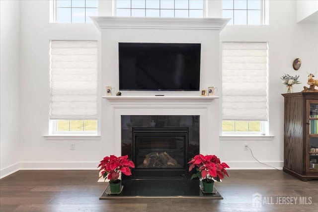 living room with dark wood-type flooring and plenty of natural light