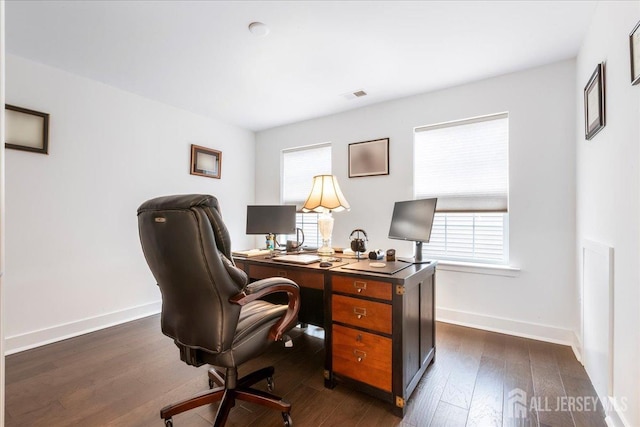 home office featuring dark hardwood / wood-style floors