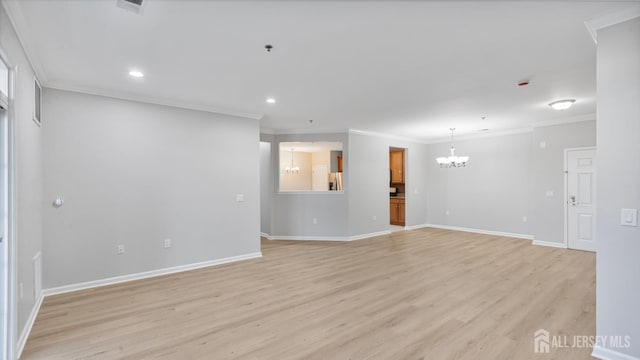 2024 Edward Stec Blvd, Edison, NJ 08837 - unfurnished living room with a chandelier, light wood-style flooring, ornamental molding, and recessed lighting