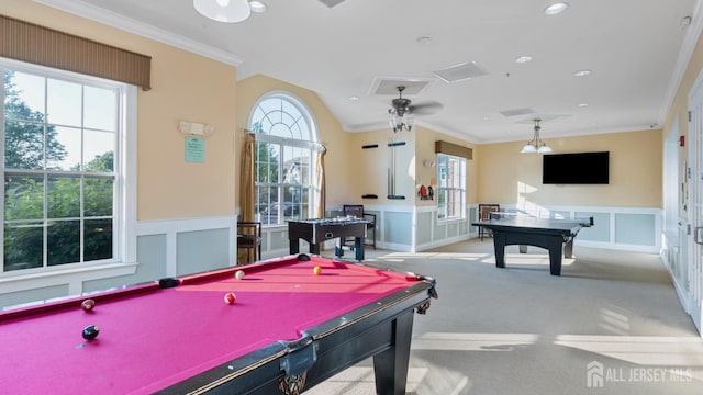 2024 Edward Stec Blvd, Edison, NJ 08837 - rec room with pool table, carpet floors, ornamental molding, wainscoting, and a ceiling fan