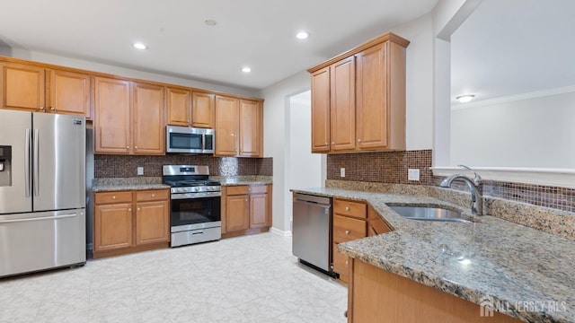 2024 Edward Stec Blvd, Edison, NJ 08837 - kitchen with stainless steel appliances, light stone countertops, decorative backsplash, crown molding, and recessed lighting