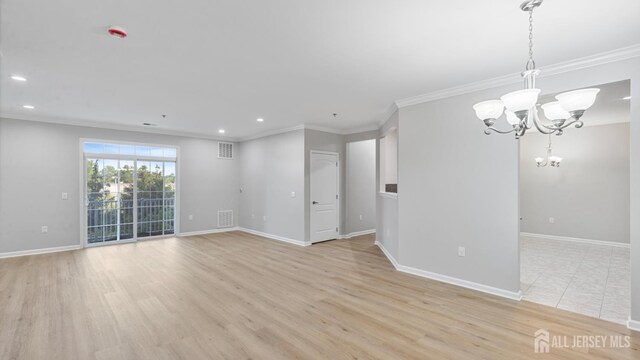 2024 Edward Stec Blvd, Edison, NJ 08837 - unfurnished room featuring a chandelier, recessed lighting, ornamental molding, and light wood finished floors