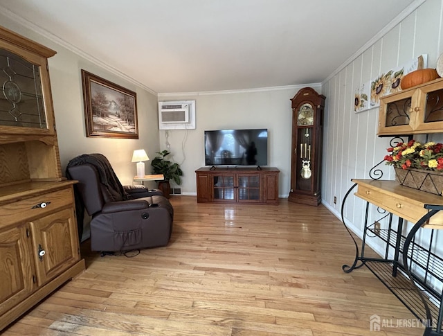 1515 Thomas Ave, North Brunswick, NJ 08902 - living area featuring a wall mounted AC, ornamental molding, light wood finished floors, and baseboards