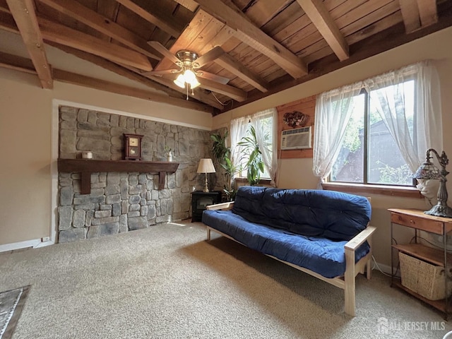 1515 Thomas Ave, North Brunswick, NJ 08902 - carpeted living area featuring wood ceiling, beamed ceiling, a ceiling fan, a wood stove, and a wall mounted AC
