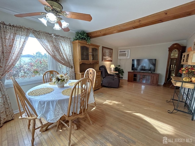 1515 Thomas Ave, North Brunswick, NJ 08902 - dining space featuring light wood-style floors, baseboards, a ceiling fan, beam ceiling, and a wall unit AC