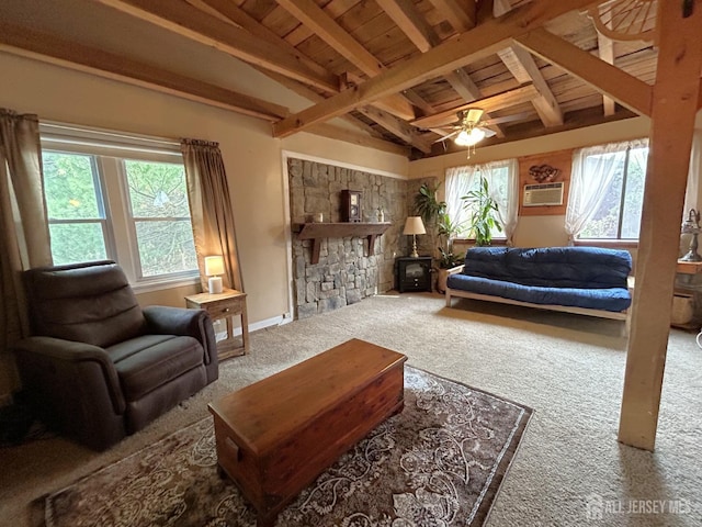 1515 Thomas Ave, North Brunswick, NJ 08902 - living room featuring carpet, wooden ceiling, beamed ceiling, a ceiling fan, and an AC wall unit