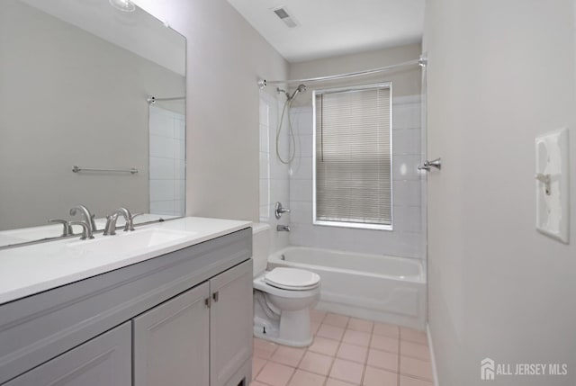 full bath featuring tile patterned floors, toilet,  shower combination, and vanity