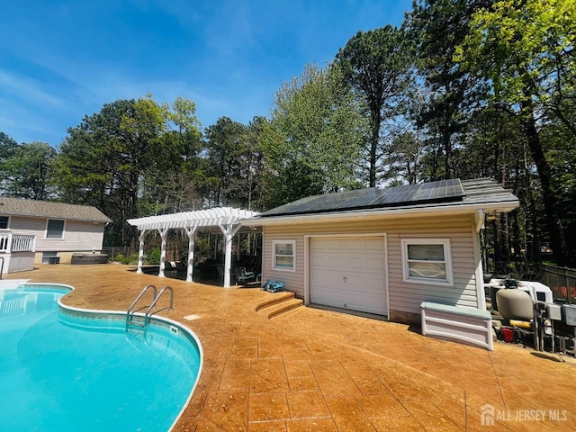 view of swimming pool with a patio area, fence, an outdoor structure, a pergola, and a fenced in pool