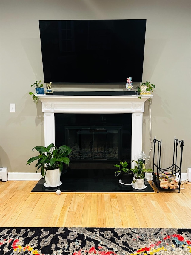 room details with baseboards, a fireplace with flush hearth, and wood finished floors