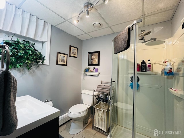 195 Old Forge Rd, Monroe, NJ 08831 - full bathroom with a stall shower, toilet, tile patterned floors, a paneled ceiling, and vanity