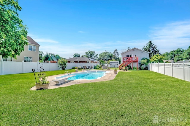 250 Adirondack Ave, Spotswood, NJ 08884 - view of swimming pool featuring a fenced backyard, a diving board, a patio, and stairway