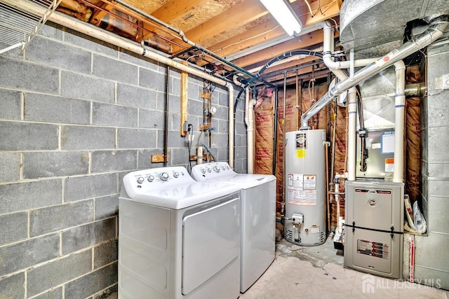 250 Adirondack Ave, Spotswood, NJ 08884 - washroom featuring gas water heater, washer and clothes dryer, heating unit, and concrete block wall