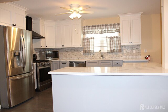 kitchen featuring sink, appliances with stainless steel finishes, wall chimney exhaust hood, and white cabinetry