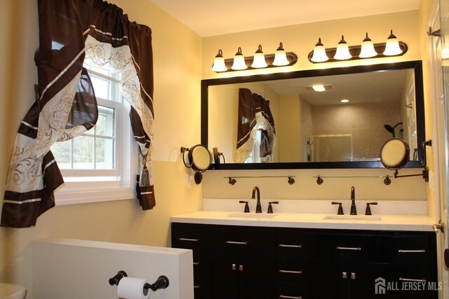 bathroom featuring an enclosed shower and vanity