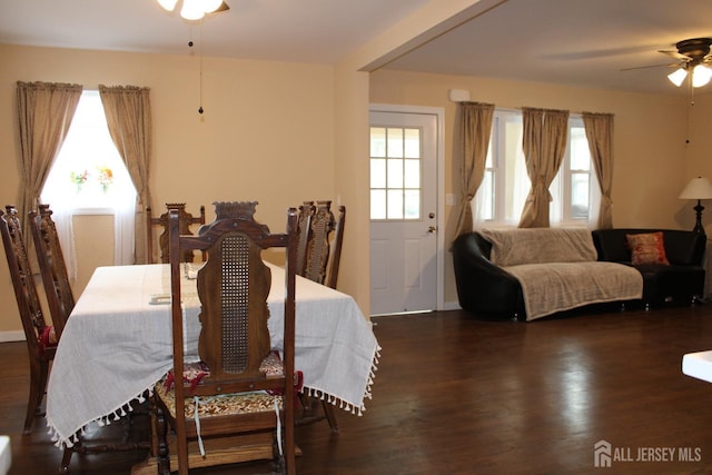 dining area with dark wood-type flooring and ceiling fan