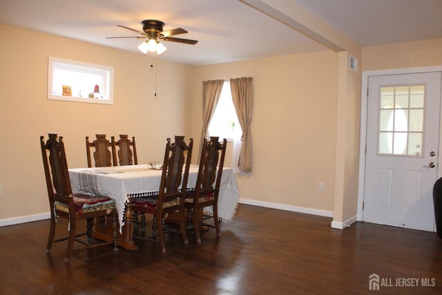 dining area featuring ceiling fan and dark wood-type flooring