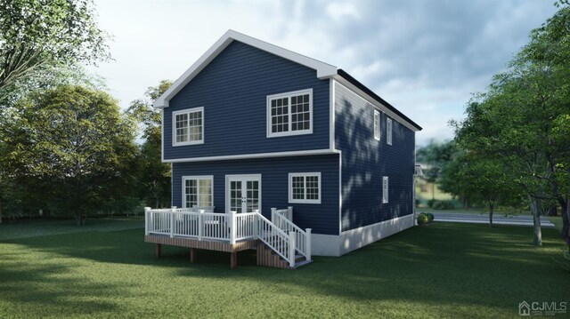 back of house with a wooden deck and a lawn