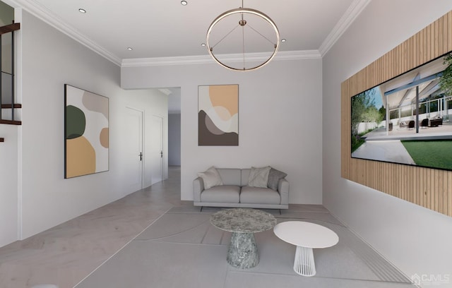 living room with ornamental molding