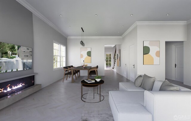 living room featuring parquet flooring, a wealth of natural light, and ornamental molding