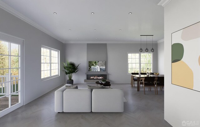 living room with crown molding and parquet flooring