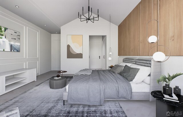 bedroom with concrete flooring, wooden walls, a notable chandelier, and vaulted ceiling