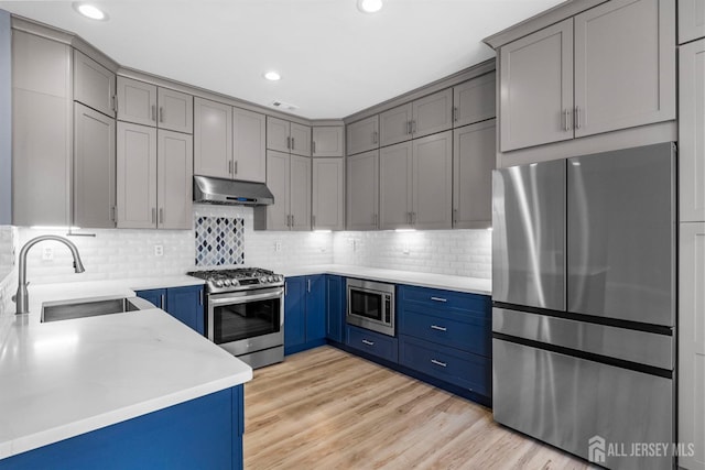 kitchen with light wood-style floors, appliances with stainless steel finishes, blue cabinetry, under cabinet range hood, and a sink