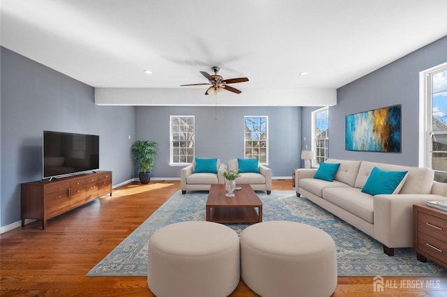 living area with plenty of natural light, baseboards, and wood finished floors