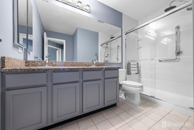 bathroom featuring toilet, tile patterned flooring, a shower stall, and visible vents