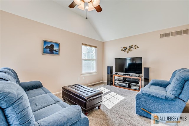 carpeted living area featuring visible vents, baseboards, ceiling fan, and high vaulted ceiling