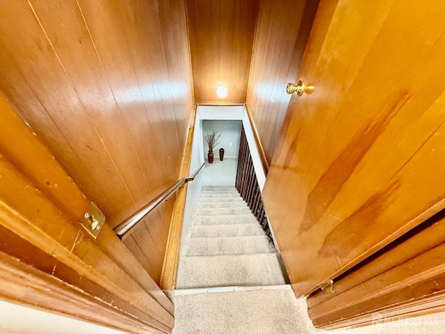 staircase featuring carpet flooring, wood ceiling, and wood walls