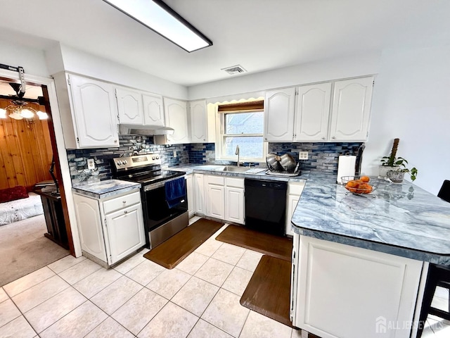 kitchen with a sink, stainless steel electric range, visible vents, black dishwasher, and under cabinet range hood