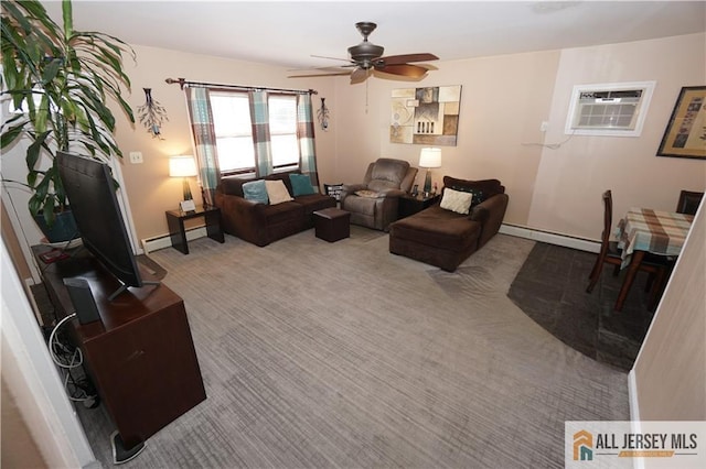 313 Demorest Ave, Avenel, NJ 07001 - living room featuring a wall mounted AC, carpet floors, ceiling fan, and a baseboard radiator