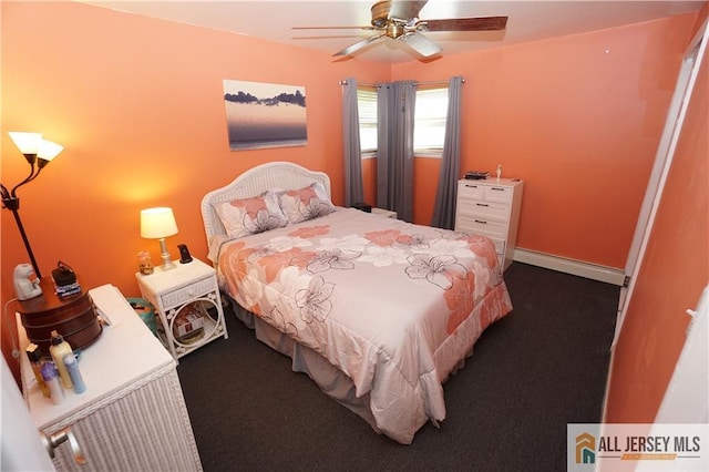 313 Demorest Ave, Avenel, NJ 07001 - bedroom featuring a baseboard heating unit, dark colored carpet, and a ceiling fan