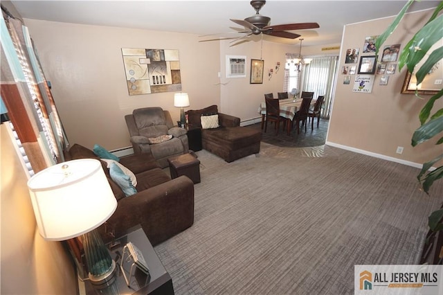 313 Demorest Ave, Avenel, NJ 07001 - living area with a ceiling fan, a baseboard heating unit, carpet floors, and baseboard heating