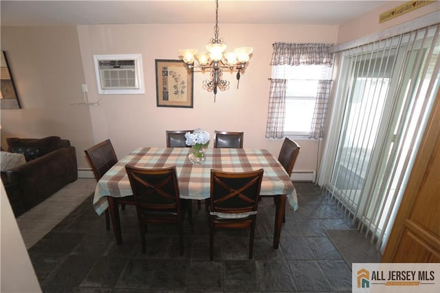 313 Demorest Ave, Avenel, NJ 07001 - dining room with a chandelier, baseboard heating, and a wall mounted air conditioner