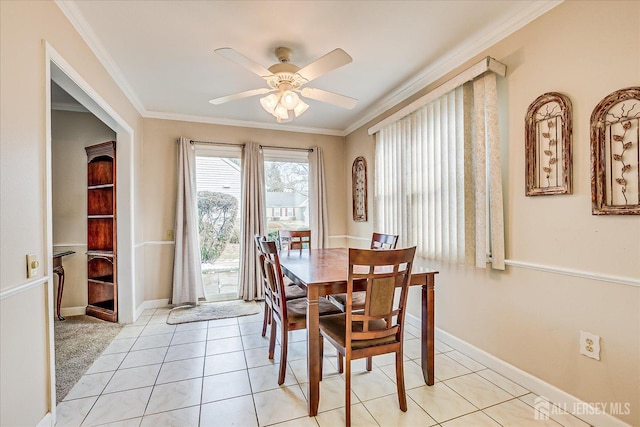 dining room with ceiling fan, ornamental molding, and baseboards