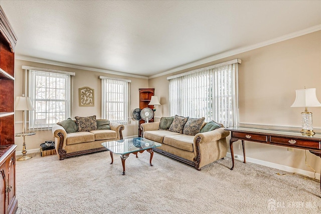 carpeted living area featuring crown molding and baseboards