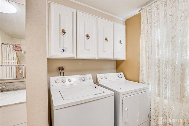 clothes washing area featuring washing machine and clothes dryer, crown molding, and cabinet space