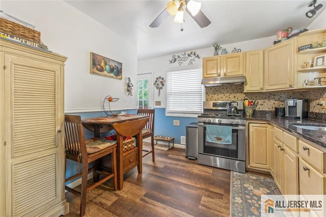 111 E 5th Ave, Port Reading, NJ 07064 - kitchen featuring stainless steel range with gas stovetop, a ceiling fan, dark wood-type flooring, tasteful backsplash, and open shelves