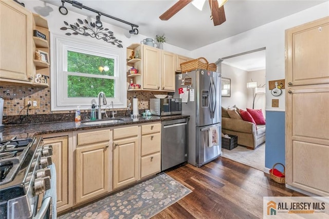111 E 5th Ave, Port Reading, NJ 07064 - kitchen featuring stainless steel appliances, open shelves, a sink, and dark wood-style floors