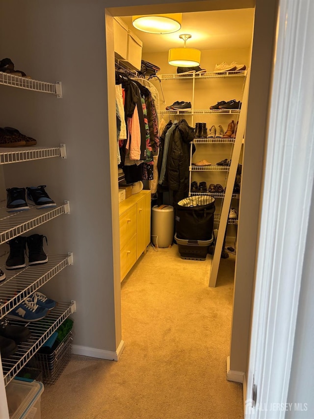 walk in closet featuring light carpet