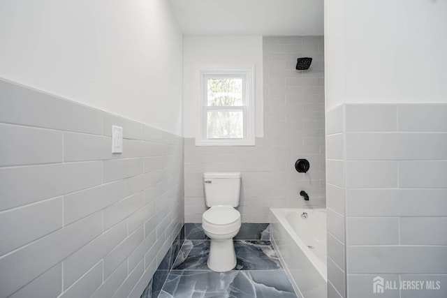 2 Buttonwood Dr, Parlin, NJ 08859 - full bathroom featuring tile walls, toilet, a bath, marble finish floors, and a shower