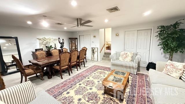 dining space featuring recessed lighting, visible vents, and ceiling fan