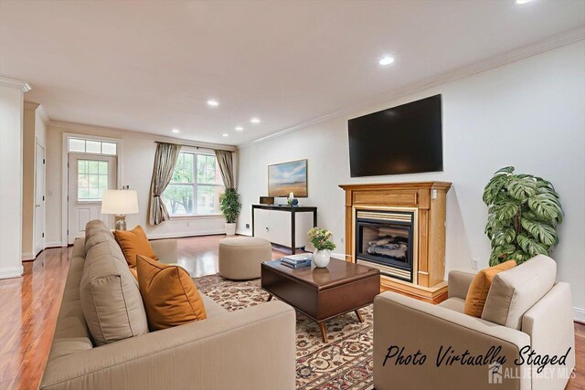 78 Central Ave Unit 49, Metuchen, NJ 08840 - living area featuring crown molding, wood finished floors, a fireplace, and recessed lighting
