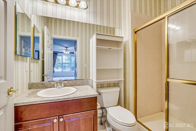78 Central Ave Unit 49, Metuchen, NJ 08840 - full bath with wallpapered walls, vanity, a stall shower, toilet, and a ceiling fan