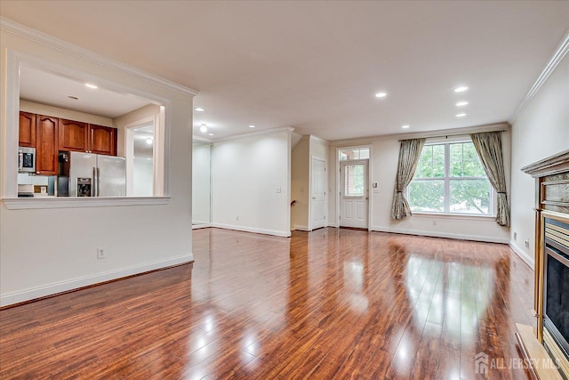 78 Central Ave Unit 49, Metuchen, NJ 08840 - unfurnished living room with a fireplace, wood finished floors, ornamental molding, baseboards, and recessed lighting