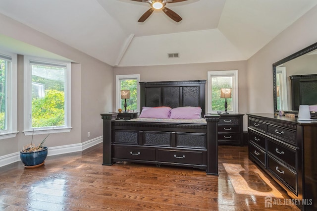 5 Ramapo Ct, Colts Neck, NJ 07722 - bedroom with multiple windows, dark wood finished floors, vaulted ceiling, and a ceiling fan