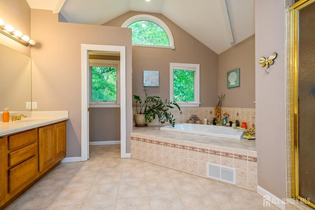 5 Ramapo Ct, Colts Neck, NJ 07722 - bathroom featuring vanity, a bath, tile patterned floors, high vaulted ceiling, and an enclosed shower